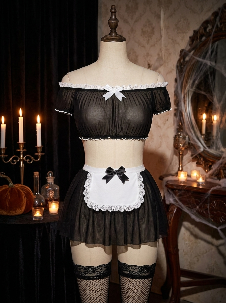 Mesh maid costume set on a dress form