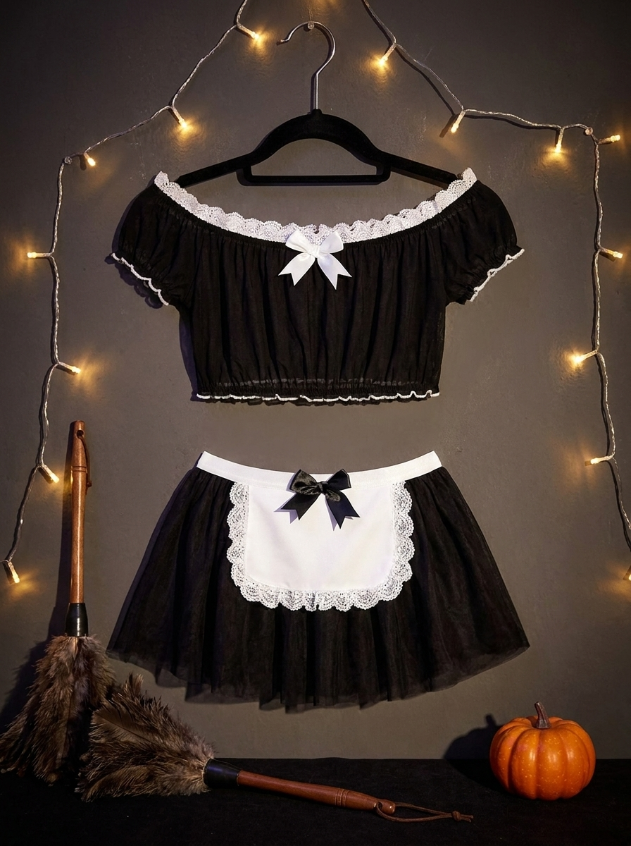 Mesh maid costume set on a boutique hanger