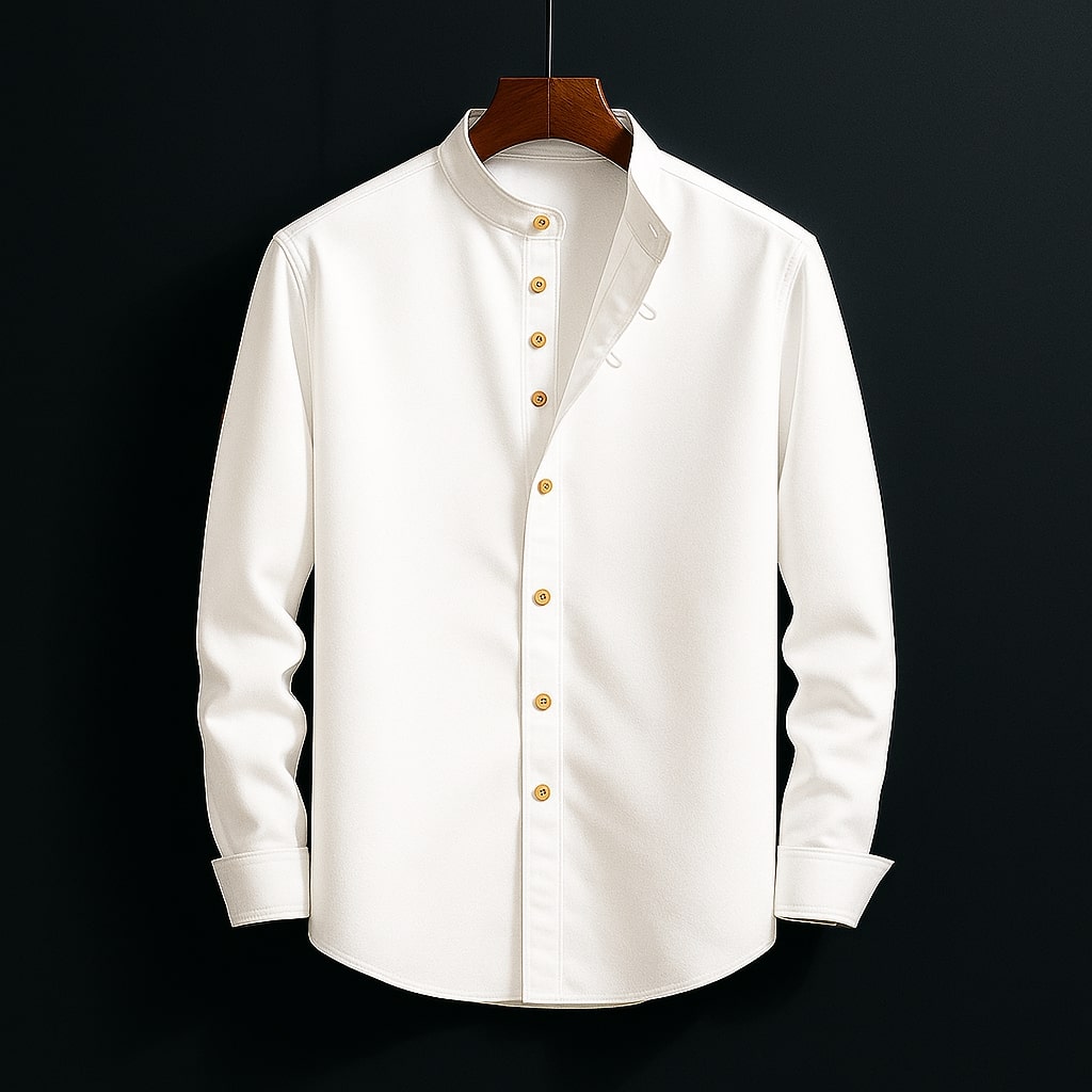 Men's band collar long sleeve dress shirt in white
