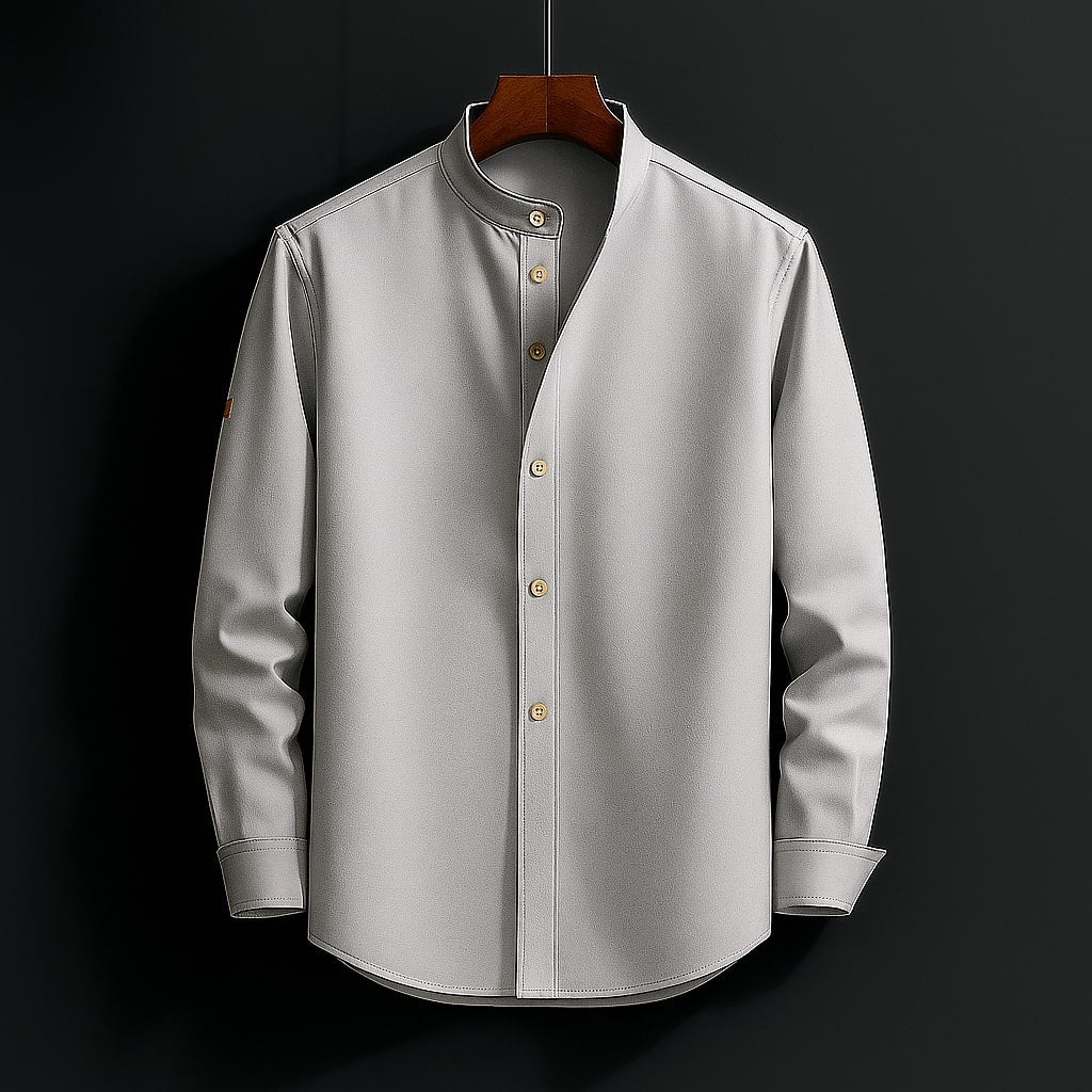 Men's band collar long sleeve dress shirt in light gray