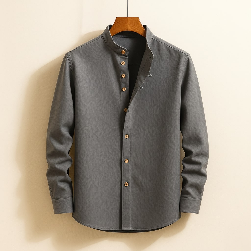 Men's band collar long sleeve dress shirt in dark gray