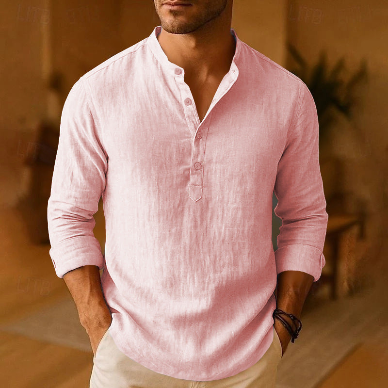 Men's band collar long sleeve shirt in pink, front view
