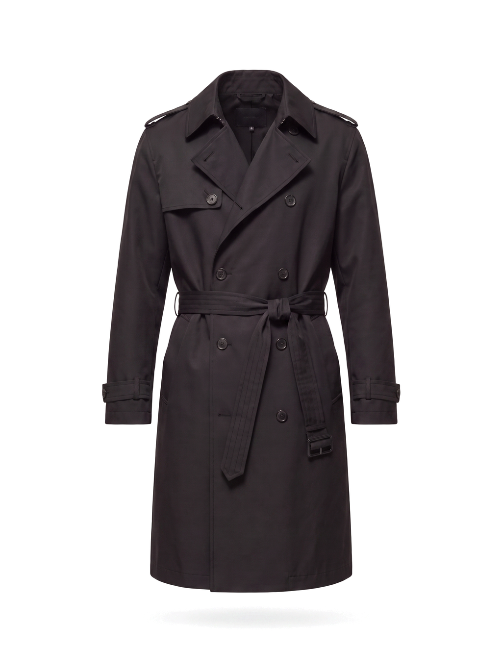 Black belted trench coat flat product shot on white background