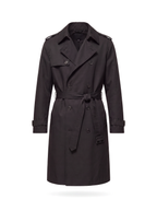 Black belted trench coat flat product shot on white background
