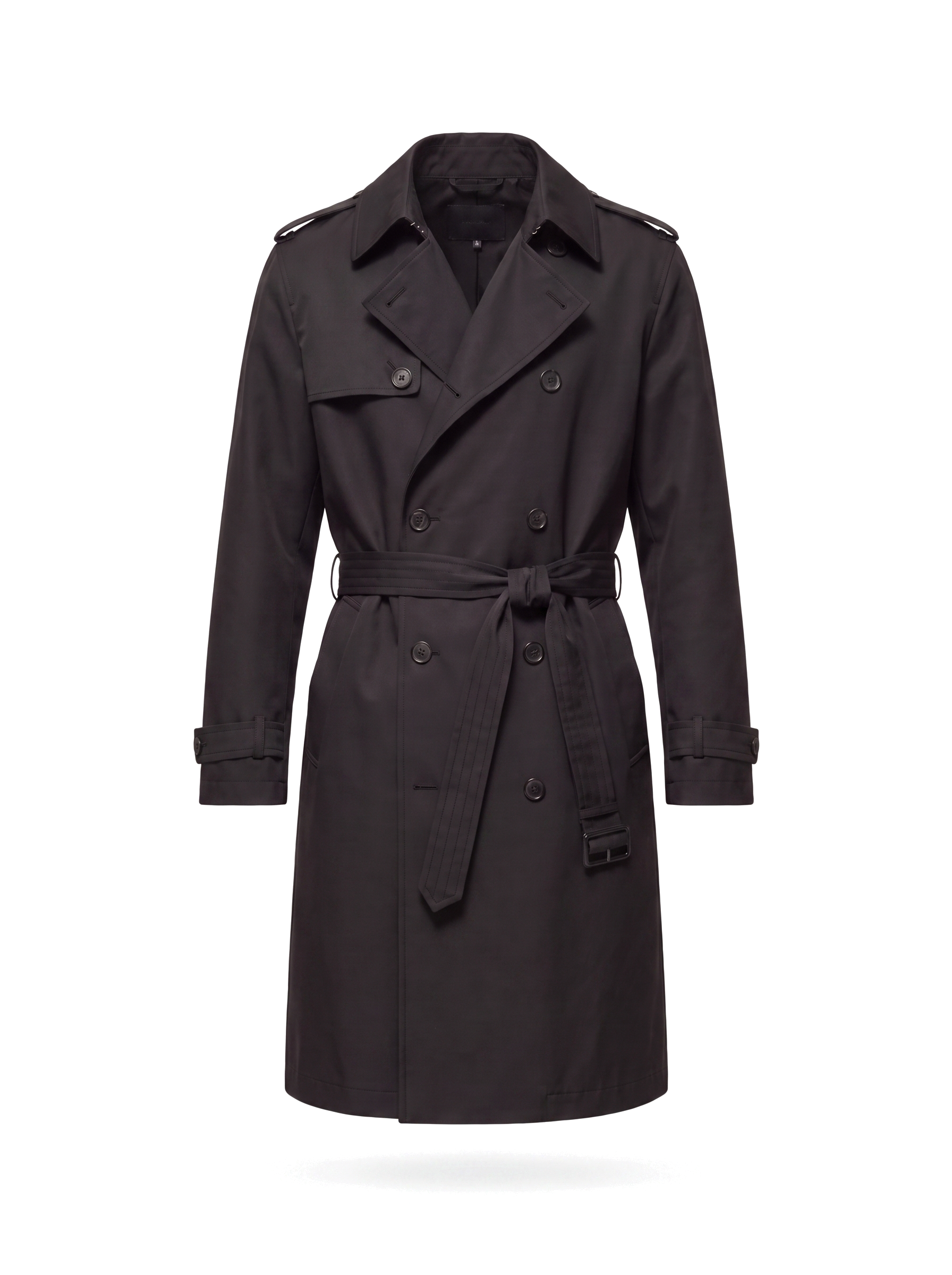 Black belted trench coat flat product shot on white background