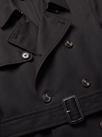 Close up of trench coat lapel, buttons and waist belt