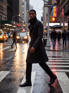 Model wearing black belted trench coat on a city street