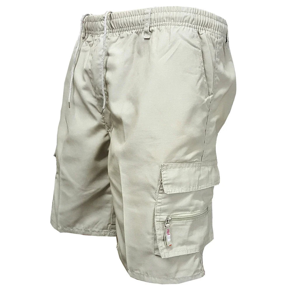 Men's camo cargo shorts in beige, front view