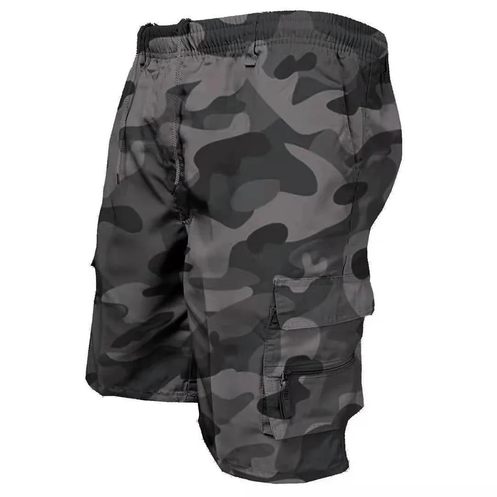 Cargo shorts in camouflage gray showing pocket closures