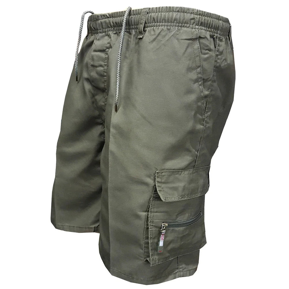 Cargo shorts in army green, back view