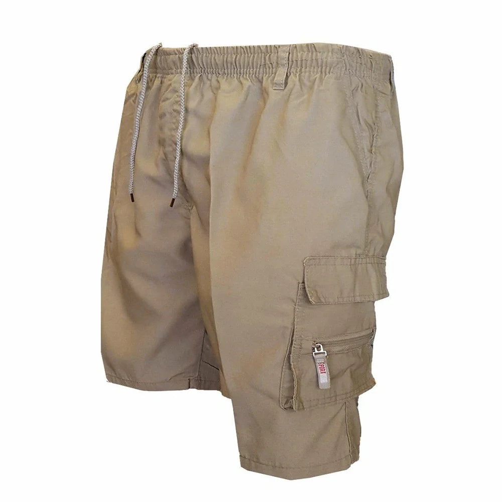 Cargo shorts in khaki, fabric and stitching close-up