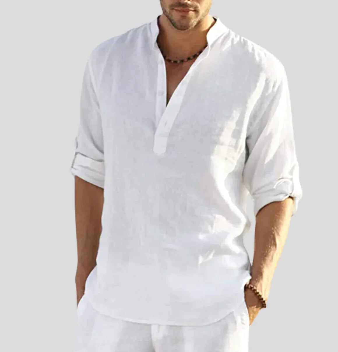 Men's casual long sleeve button-up shirt in white