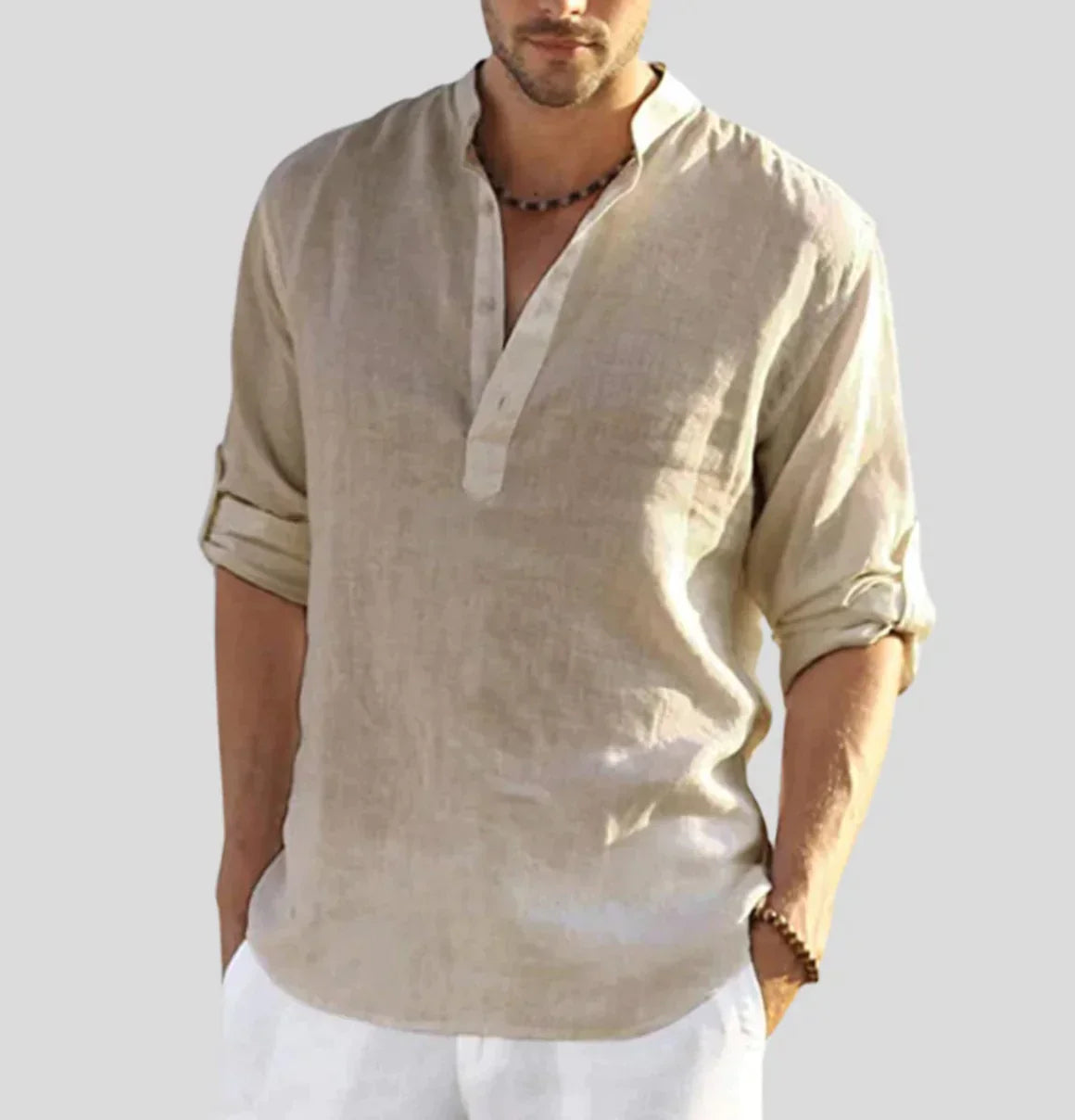 Men's casual long sleeve button-up shirt in beige