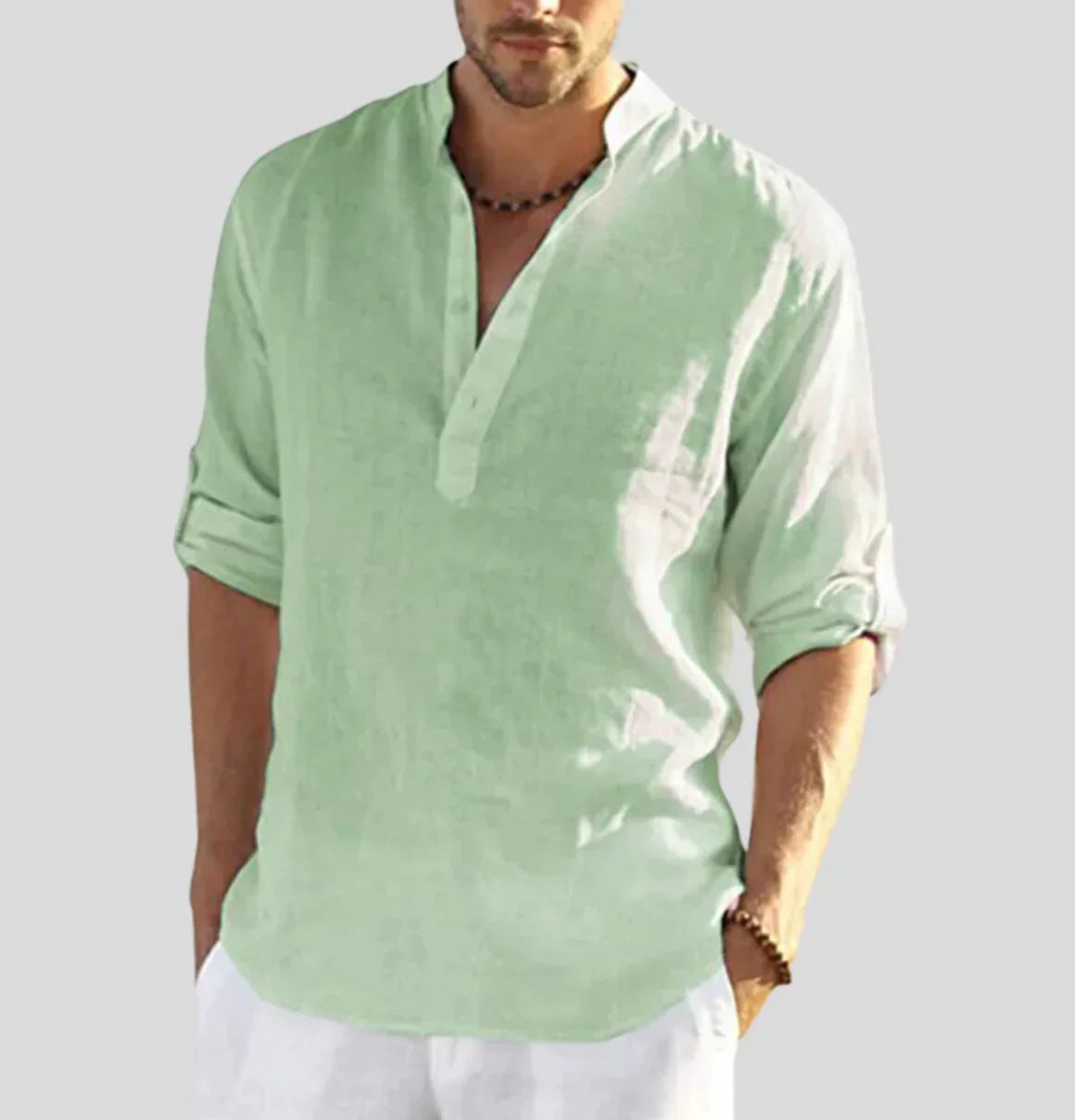 Men's casual long sleeve button-up shirt in light green