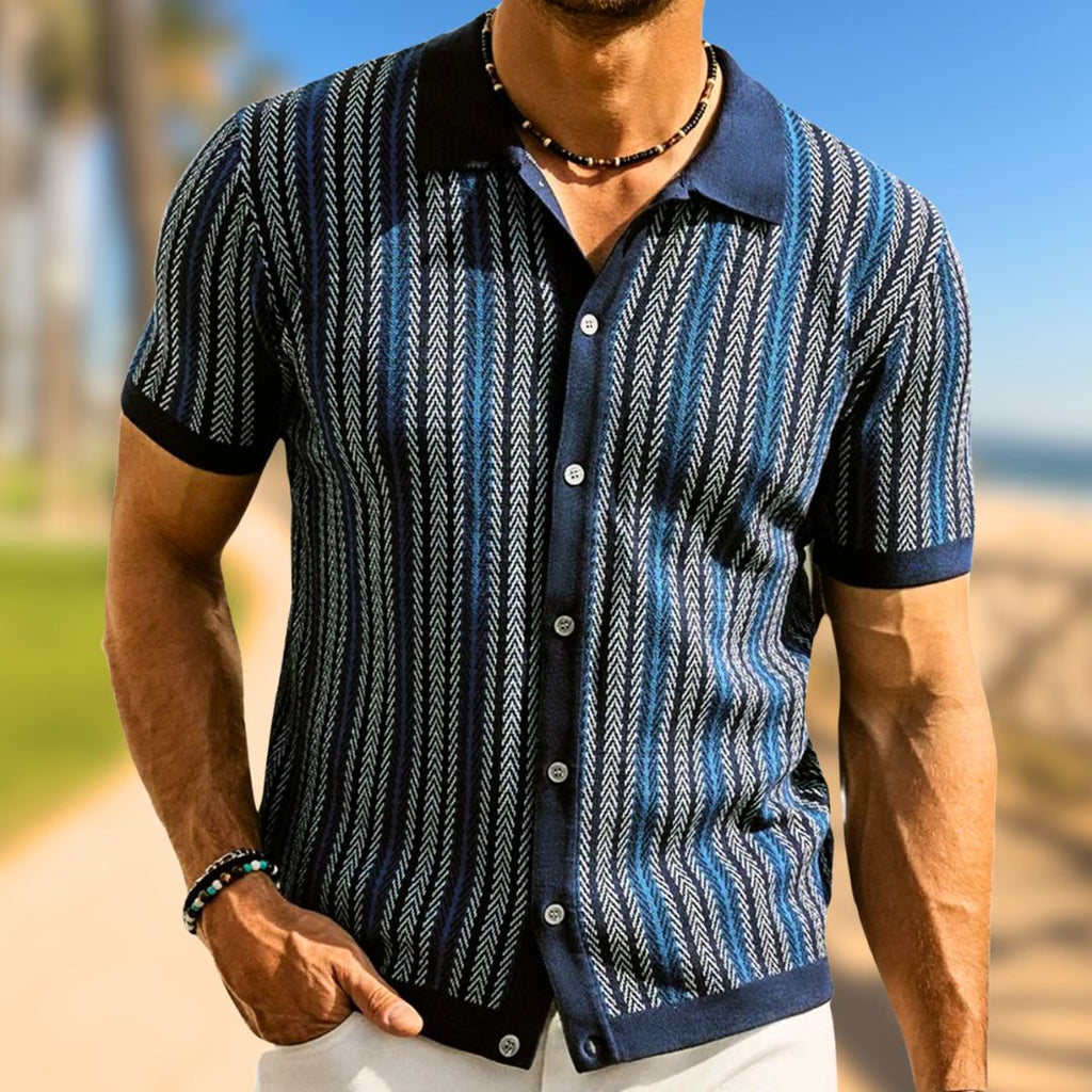 Men's chevron polo shirt collar and button placket detail