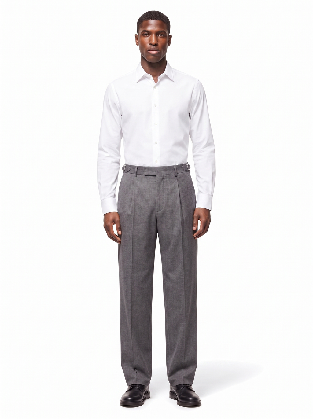 Grey pleated wide leg trousers on model, full body