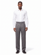 Grey pleated wide leg trousers on model, full body
