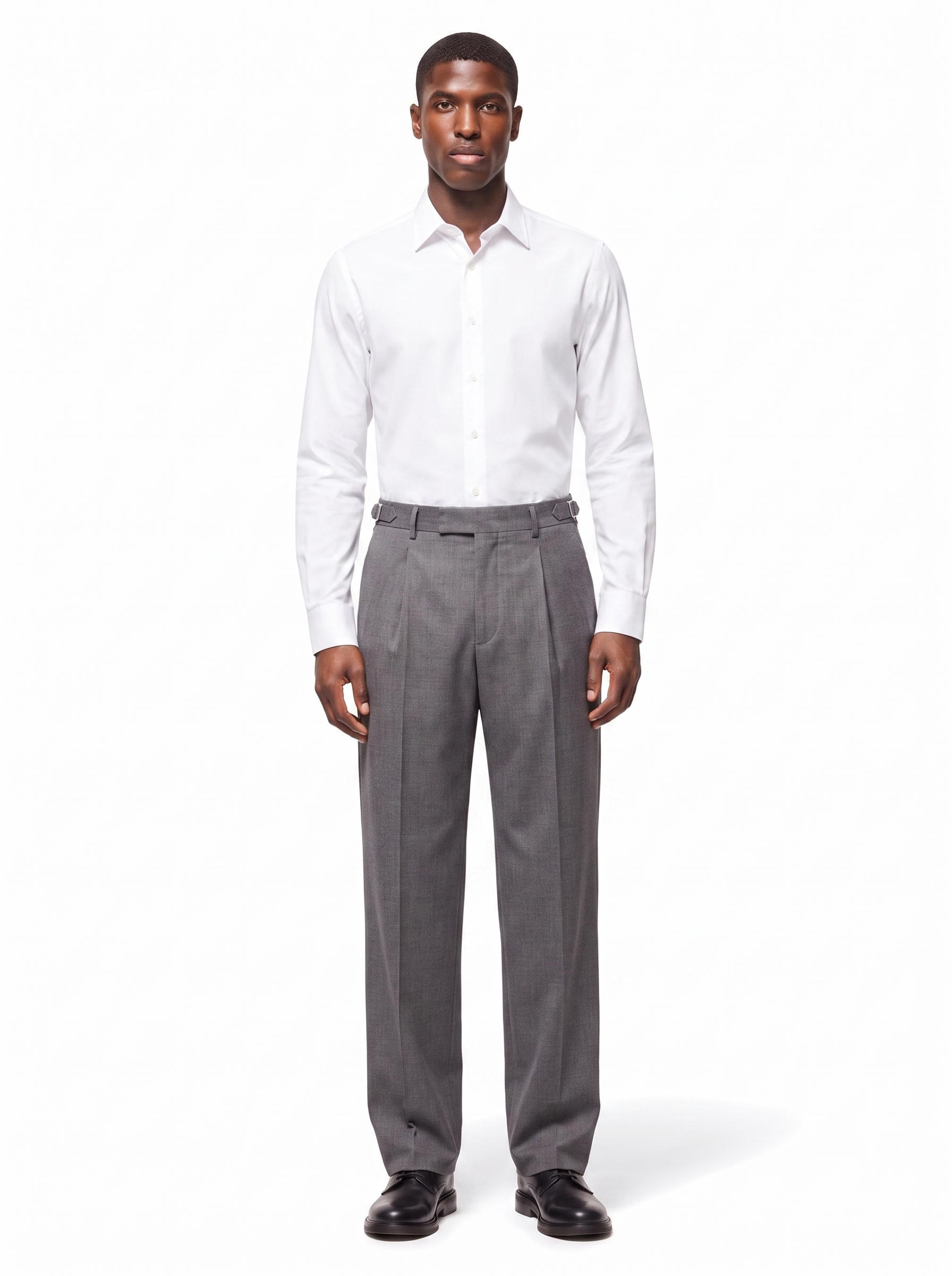 Grey pleated wide leg trousers on model, full body