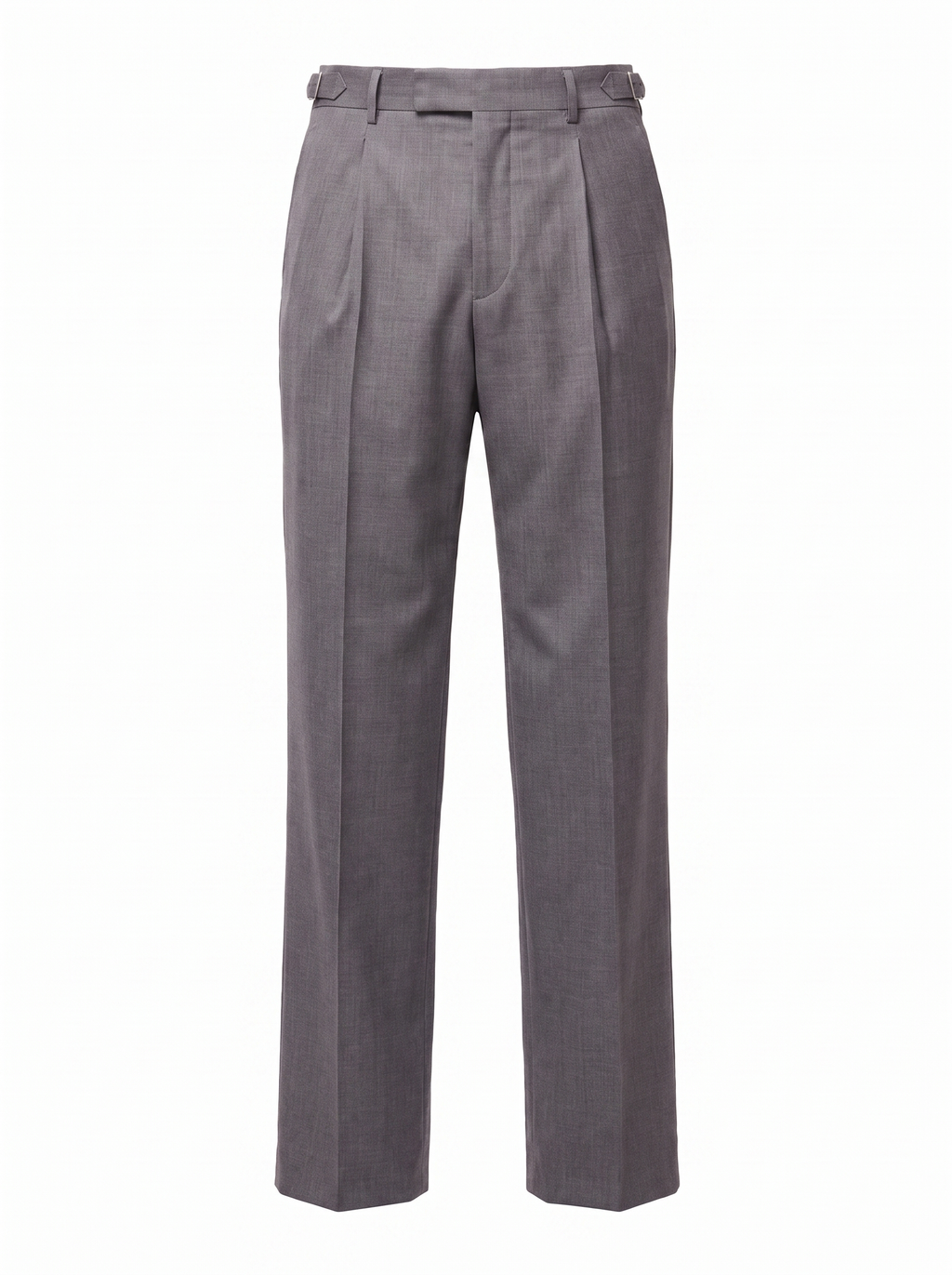 Grey pleated trousers product shot on white background
