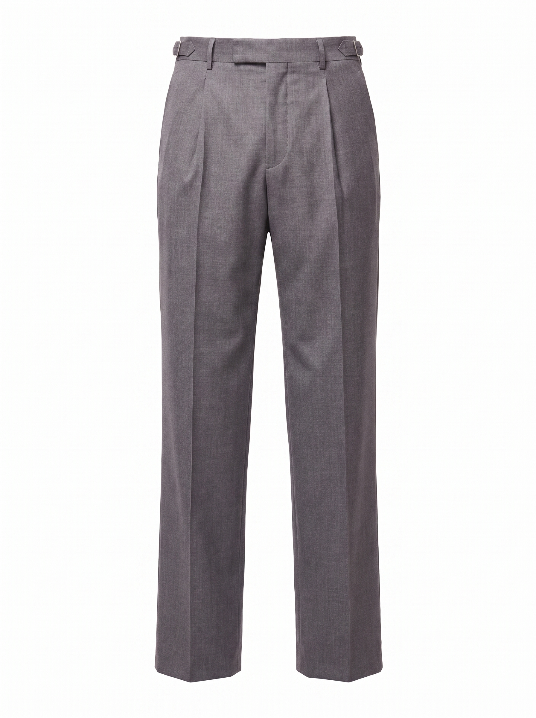 Grey pleated trousers product shot on white background