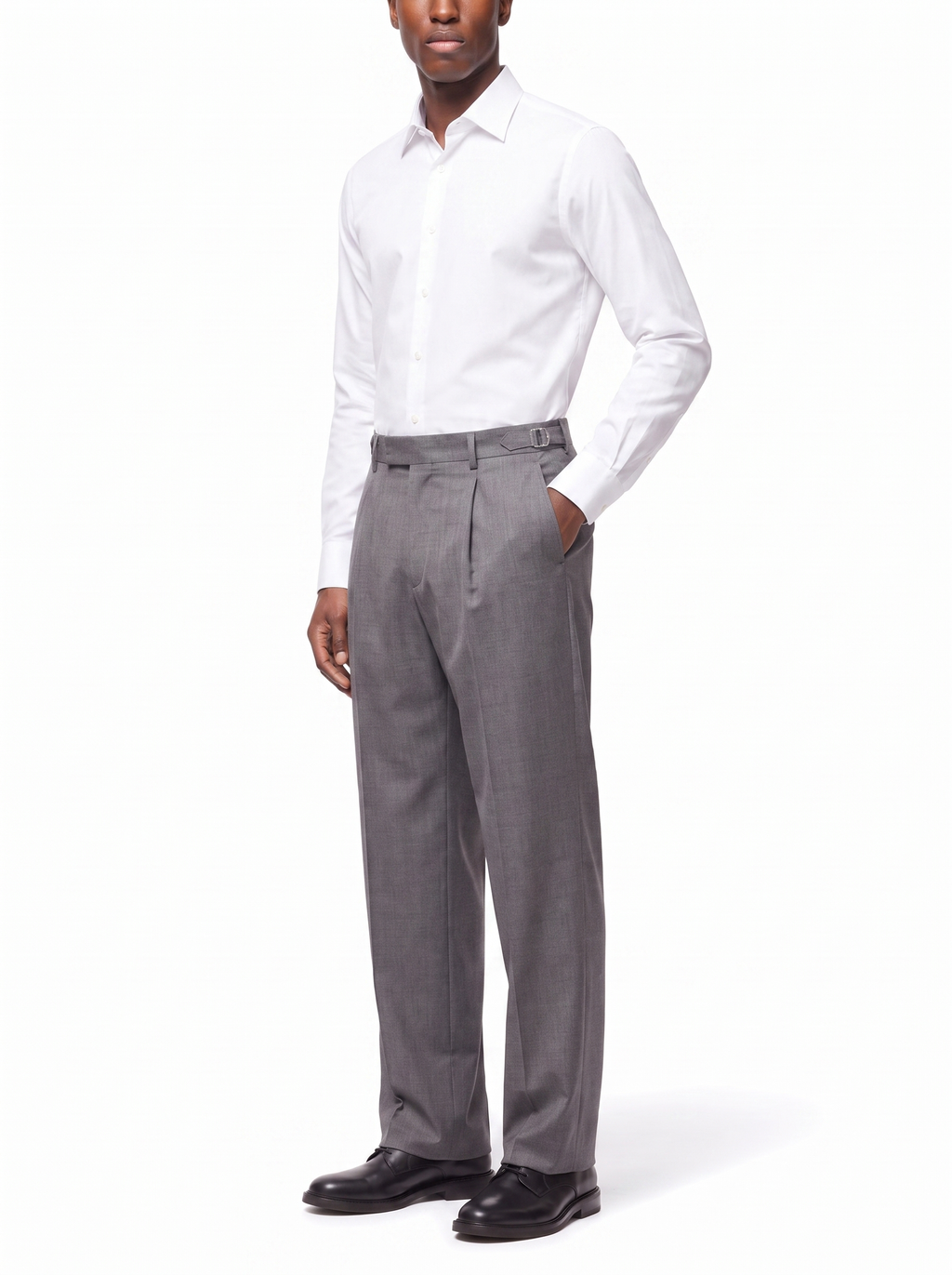 Grey pleated trousers, three quarter fit view