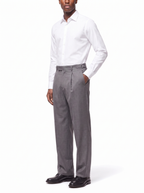 Grey pleated trousers, three quarter fit view
