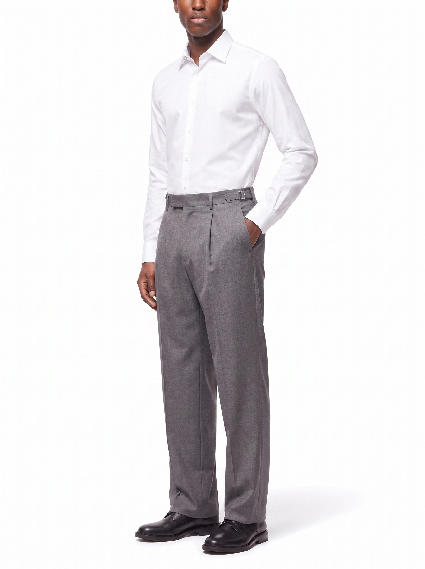 Grey pleated trousers, three quarter fit view