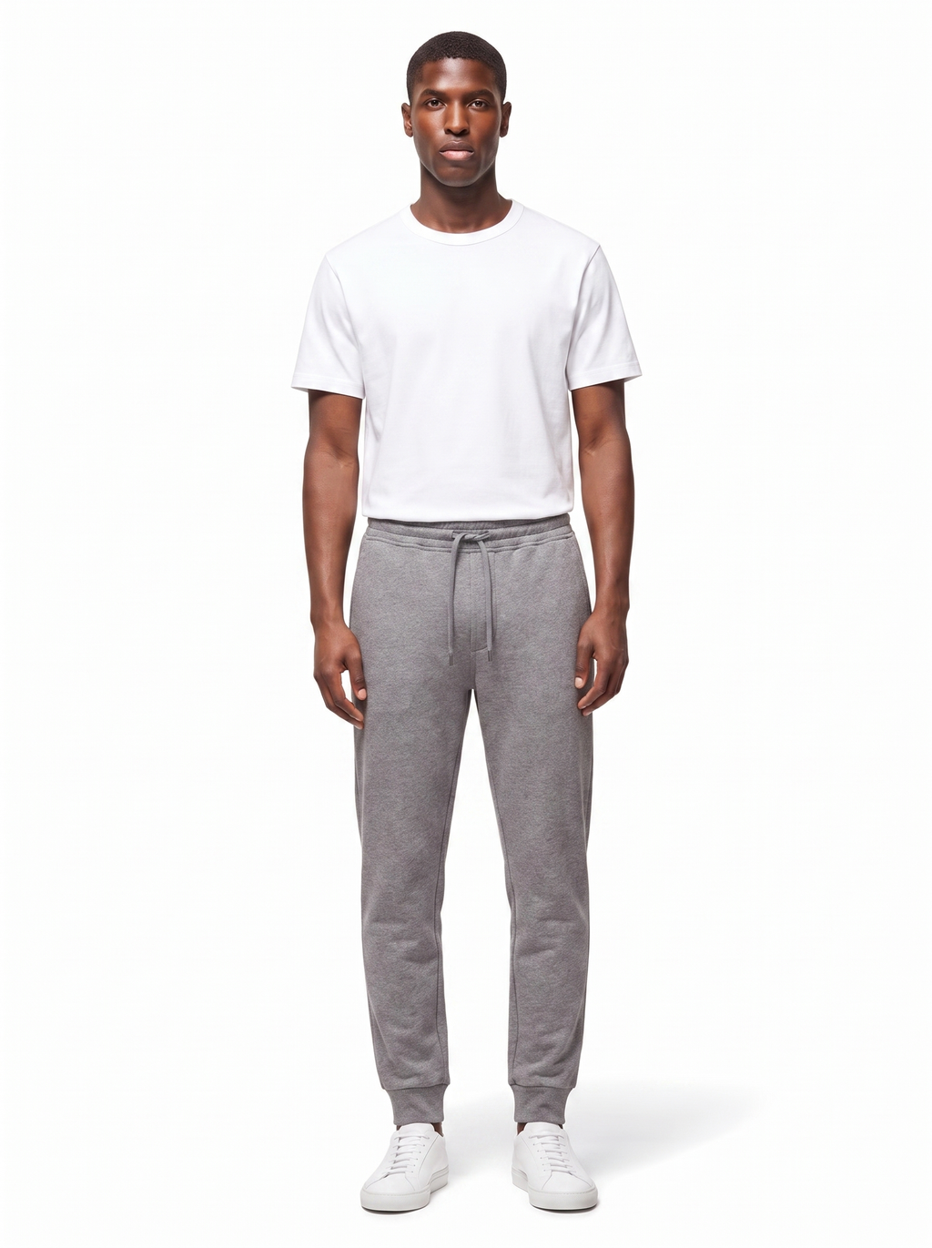 Heather grey sweatpants on model, full body