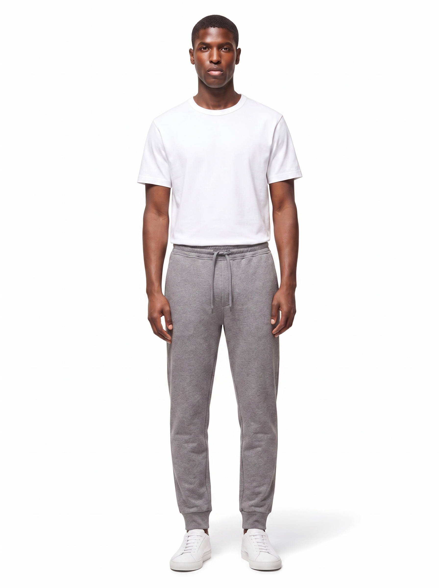 Heather grey sweatpants on model, full body