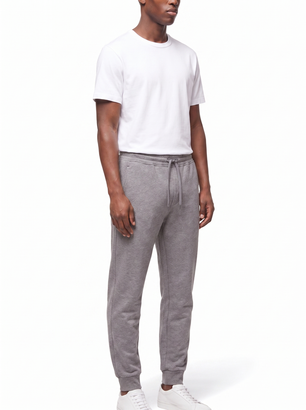 Grey sweatpants, three quarter fit view