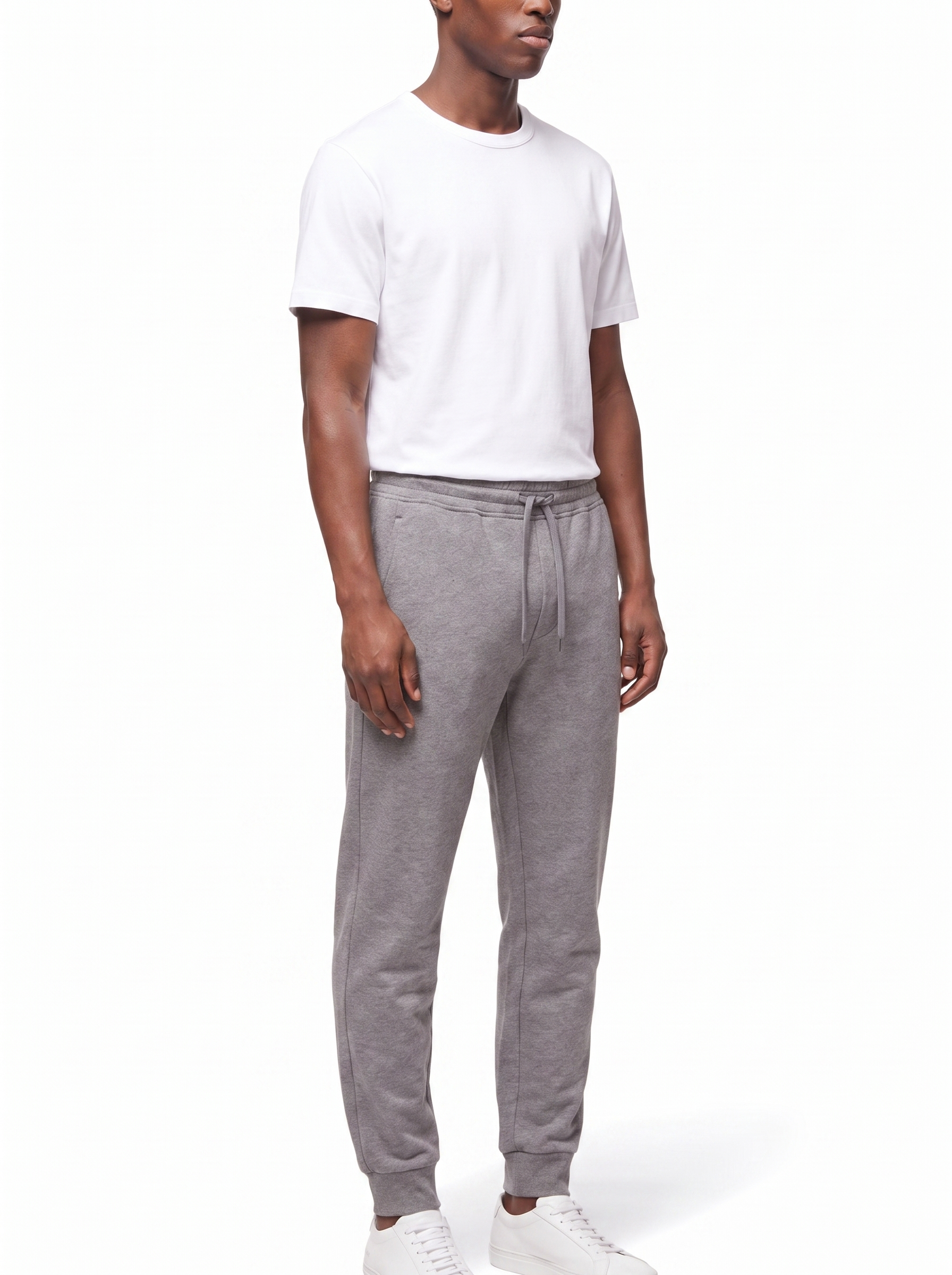 Grey sweatpants, three quarter fit view