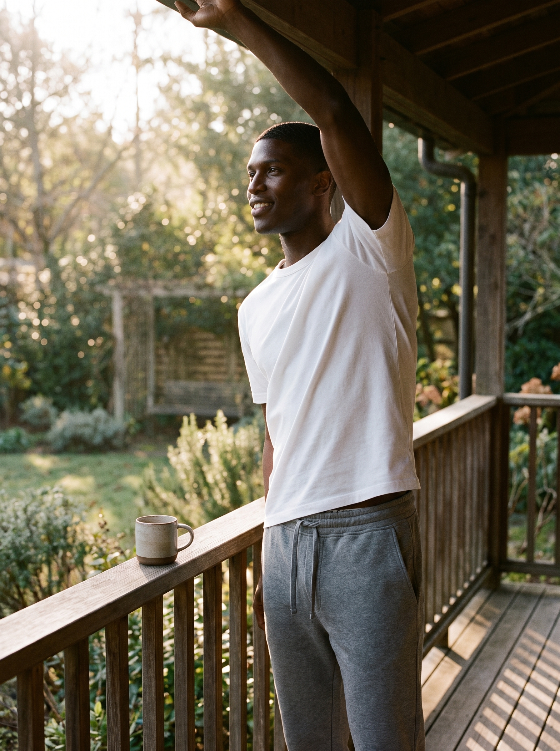 Grey sweatpants worn outdoors, lifestyle view