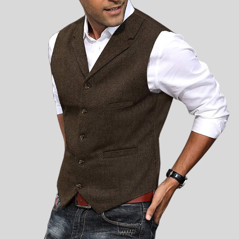 Men's herringbone vest in coffee brown, front view