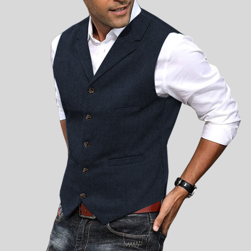 Men's herringbone vest in blue, front view