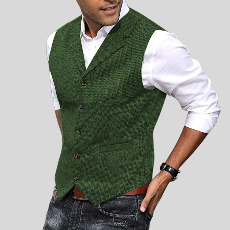 Men's herringbone vest in metallic green, front view