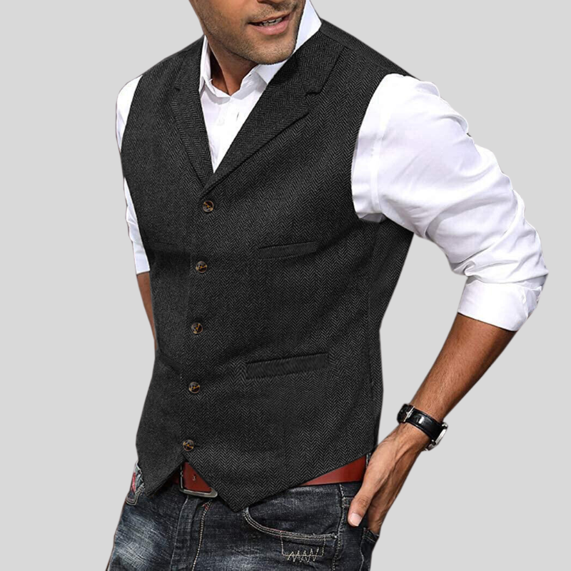 Men's herringbone vest in black, front view