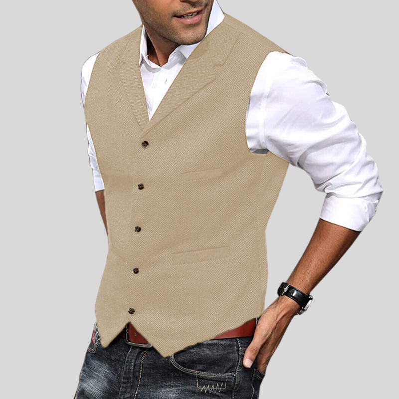 Men's herringbone vest, styled with shirt and tie