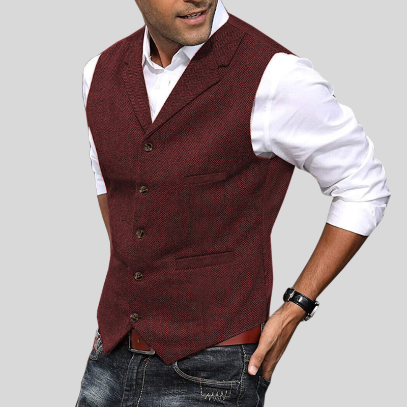 Men's herringbone vest, herringbone weave close up