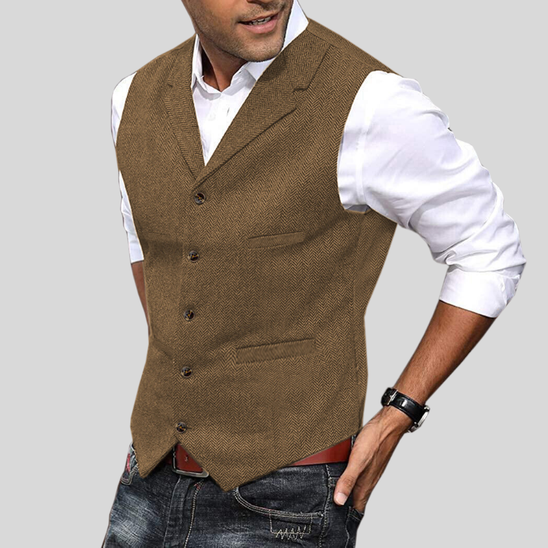 Men's herringbone vest, button front detail