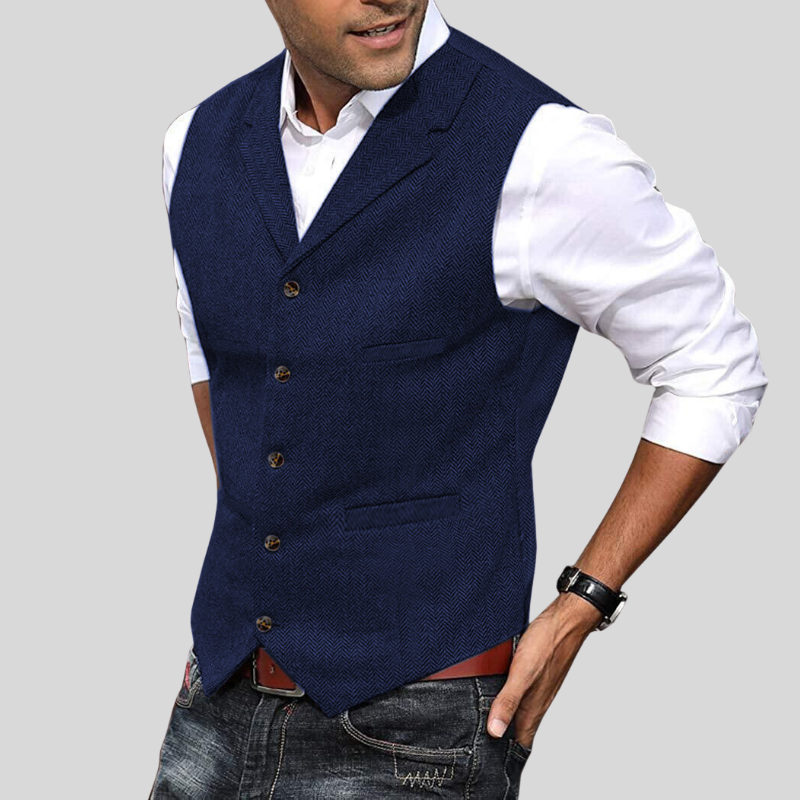 Men's herringbone vest, layered under a jacket