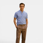 Men's linen polo shirt in light blue, front view