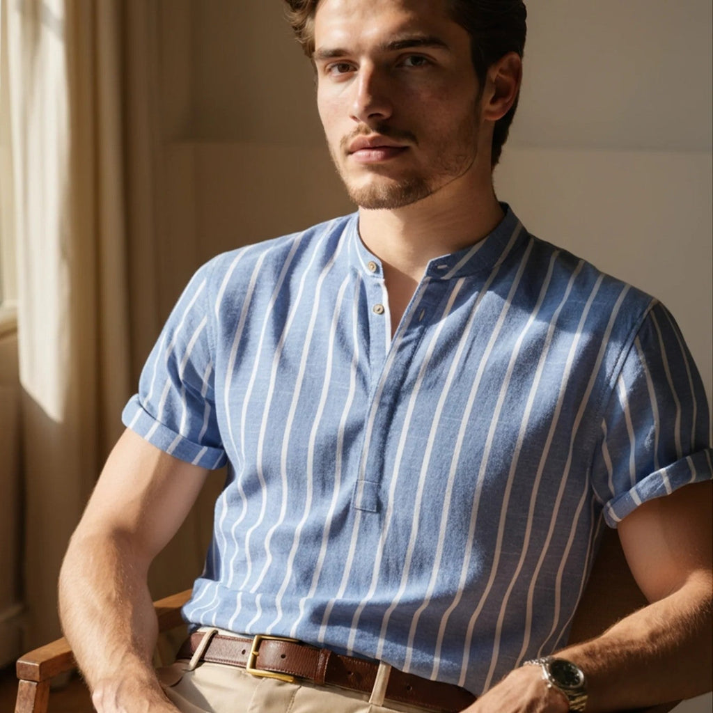 Back view of the men's linen polo shirt