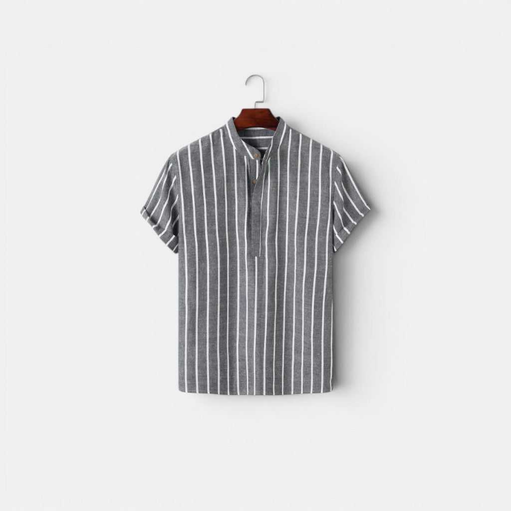 Men's linen polo shirt shown flat