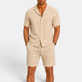 Men's matching linen shirt and shorts set in beige