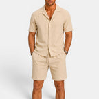Men's matching linen shirt and shorts set in beige
