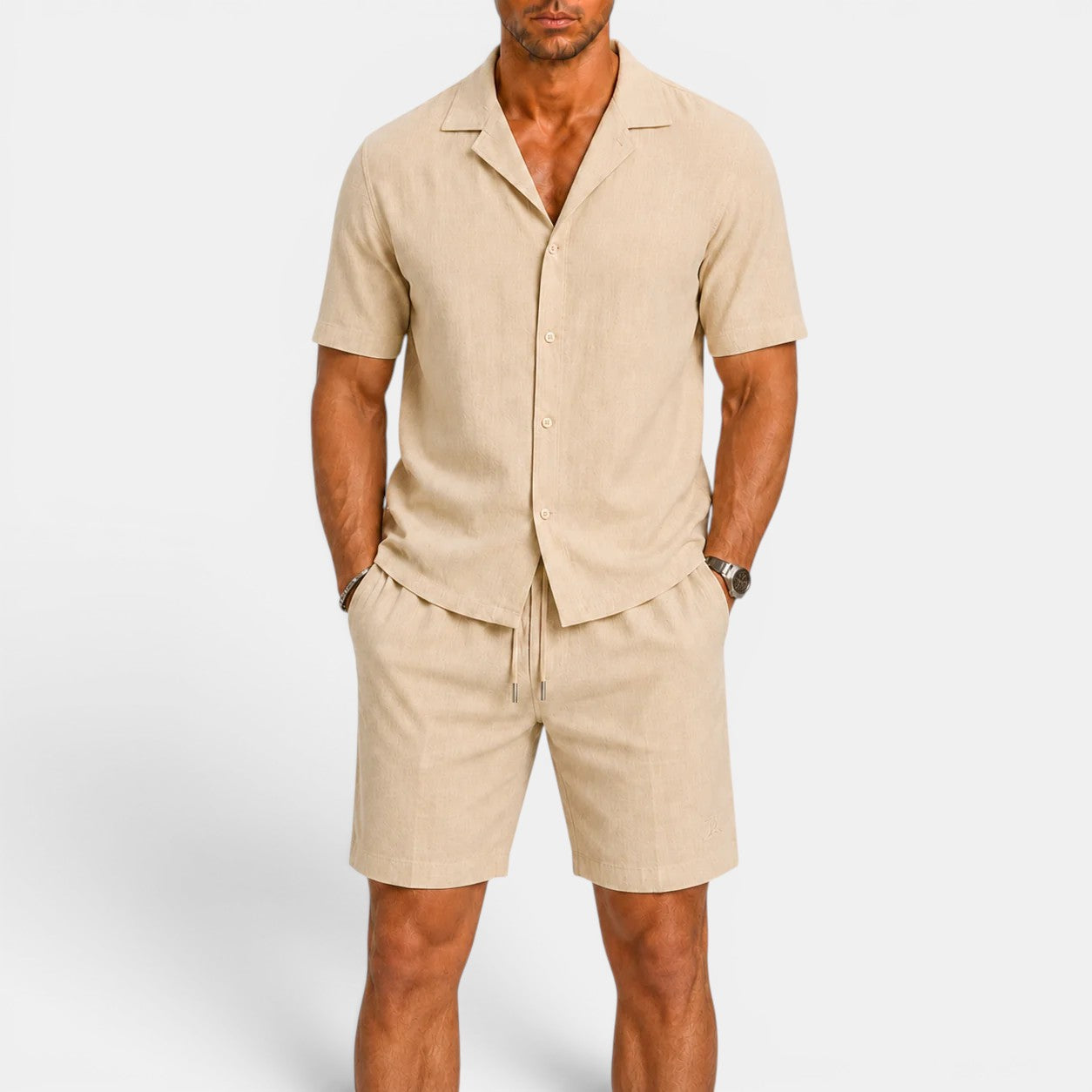 Men's matching linen shirt and shorts set in beige