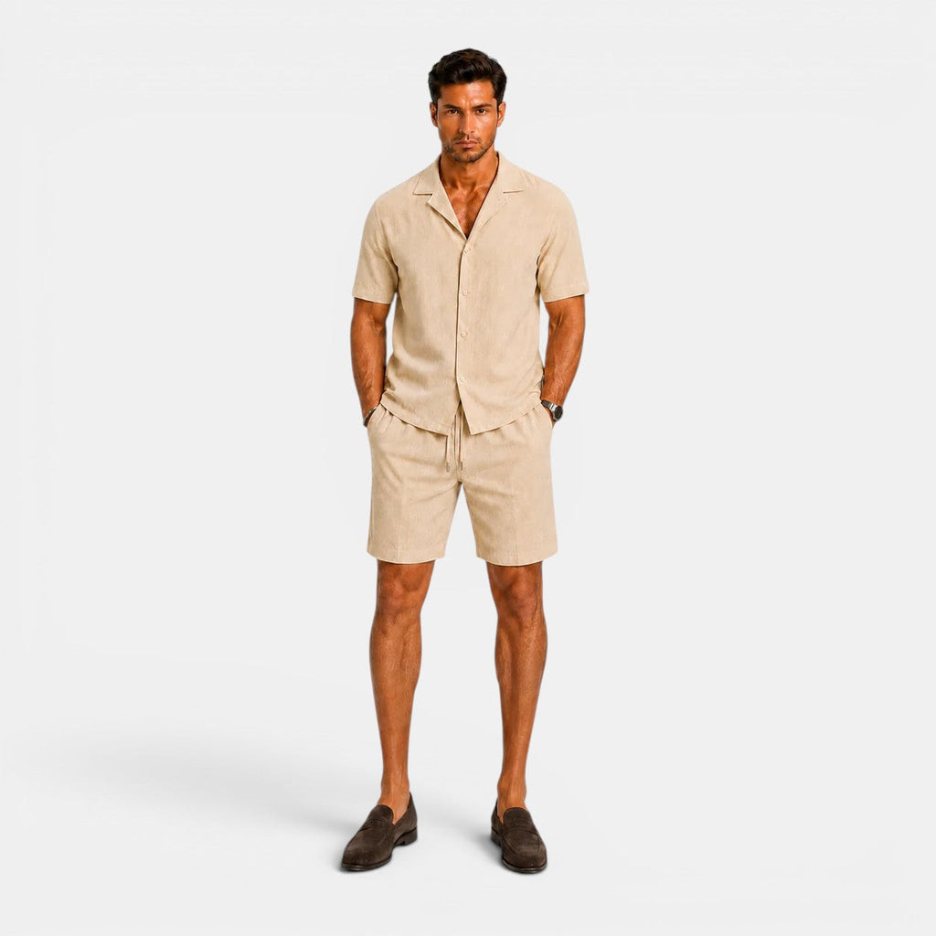 Men's matching linen shirt and shorts set side view