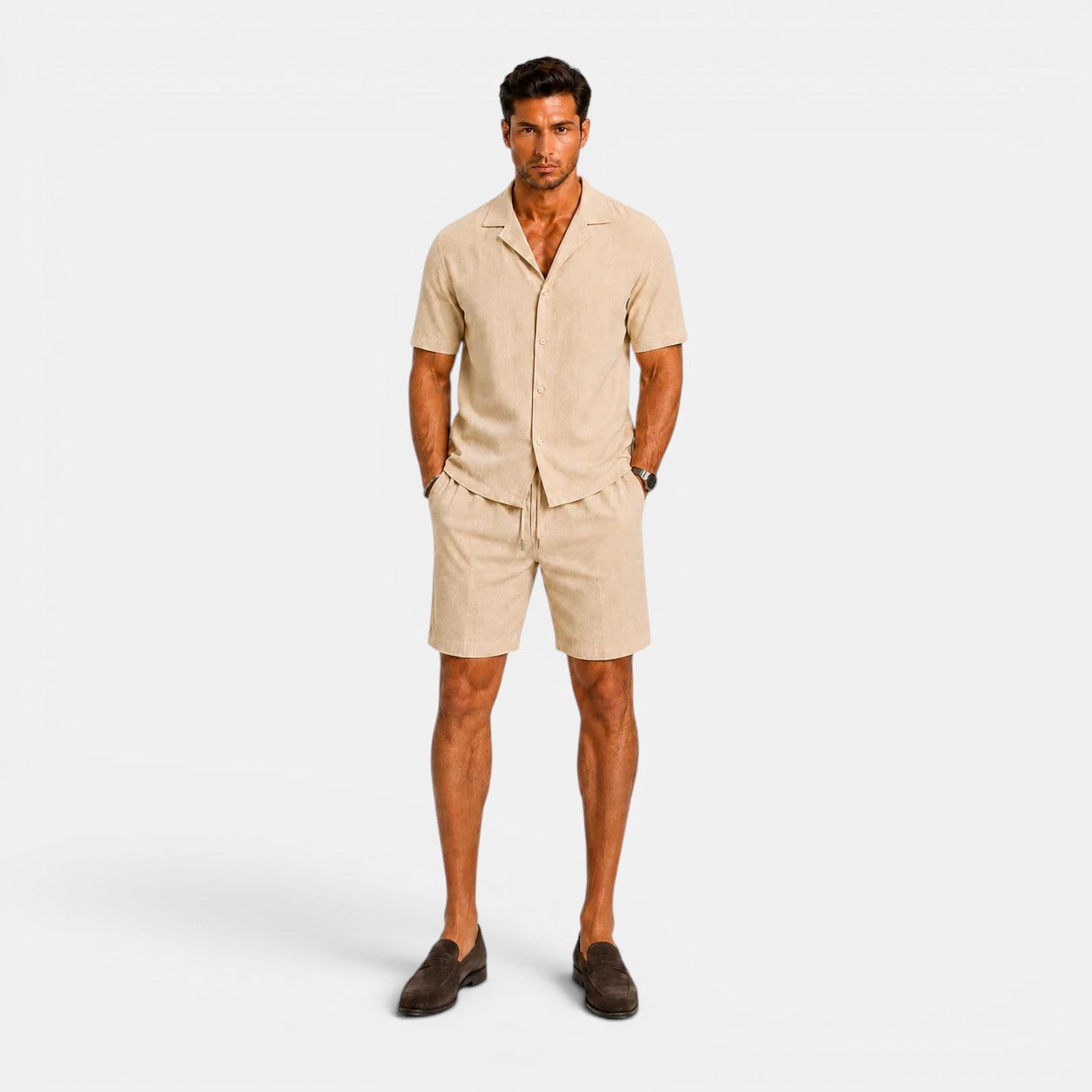 Men's matching linen shirt and shorts set side view