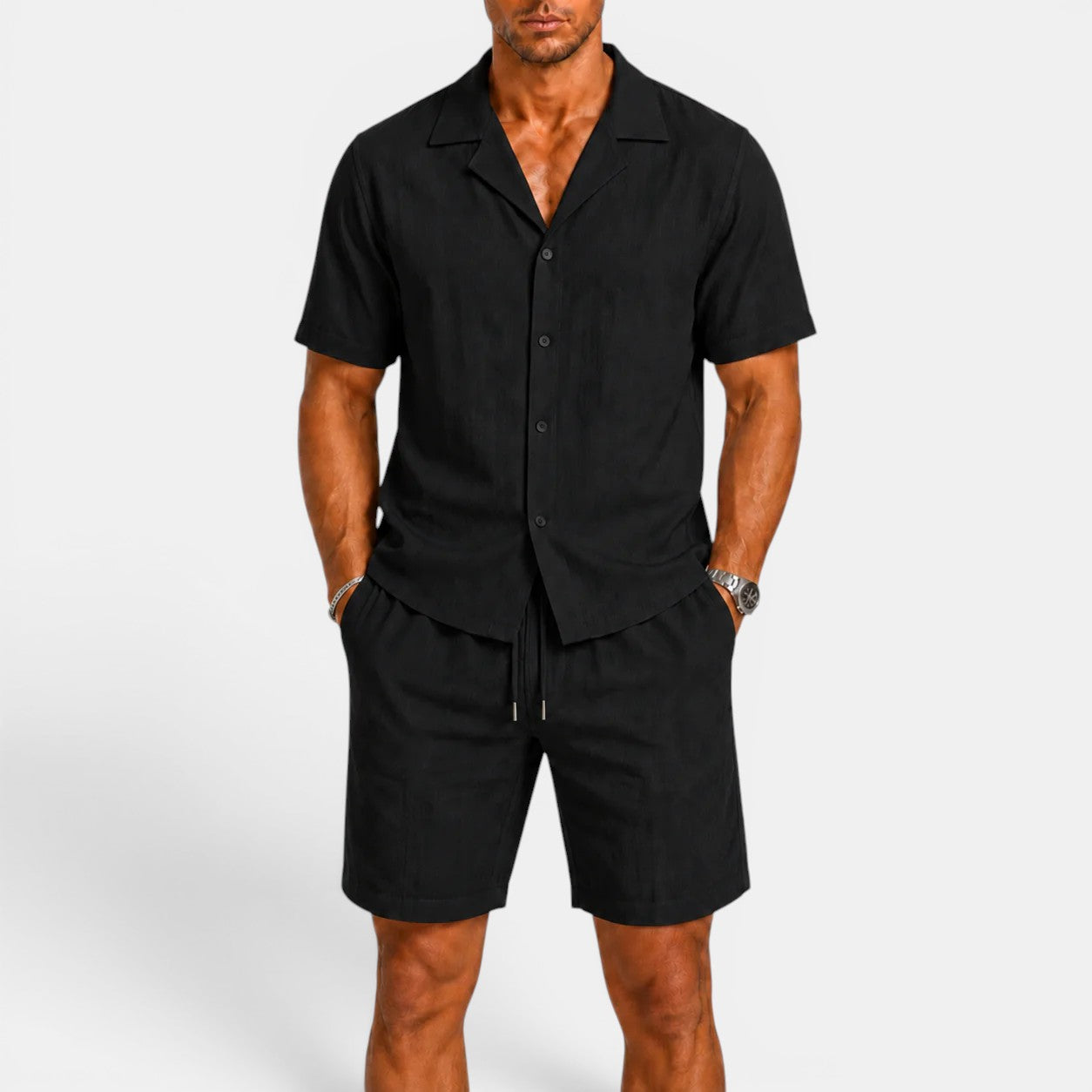 Men's matching linen shirt and shorts set in black