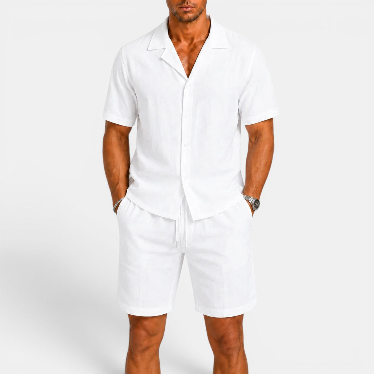 Men's matching linen shirt and shorts set in white